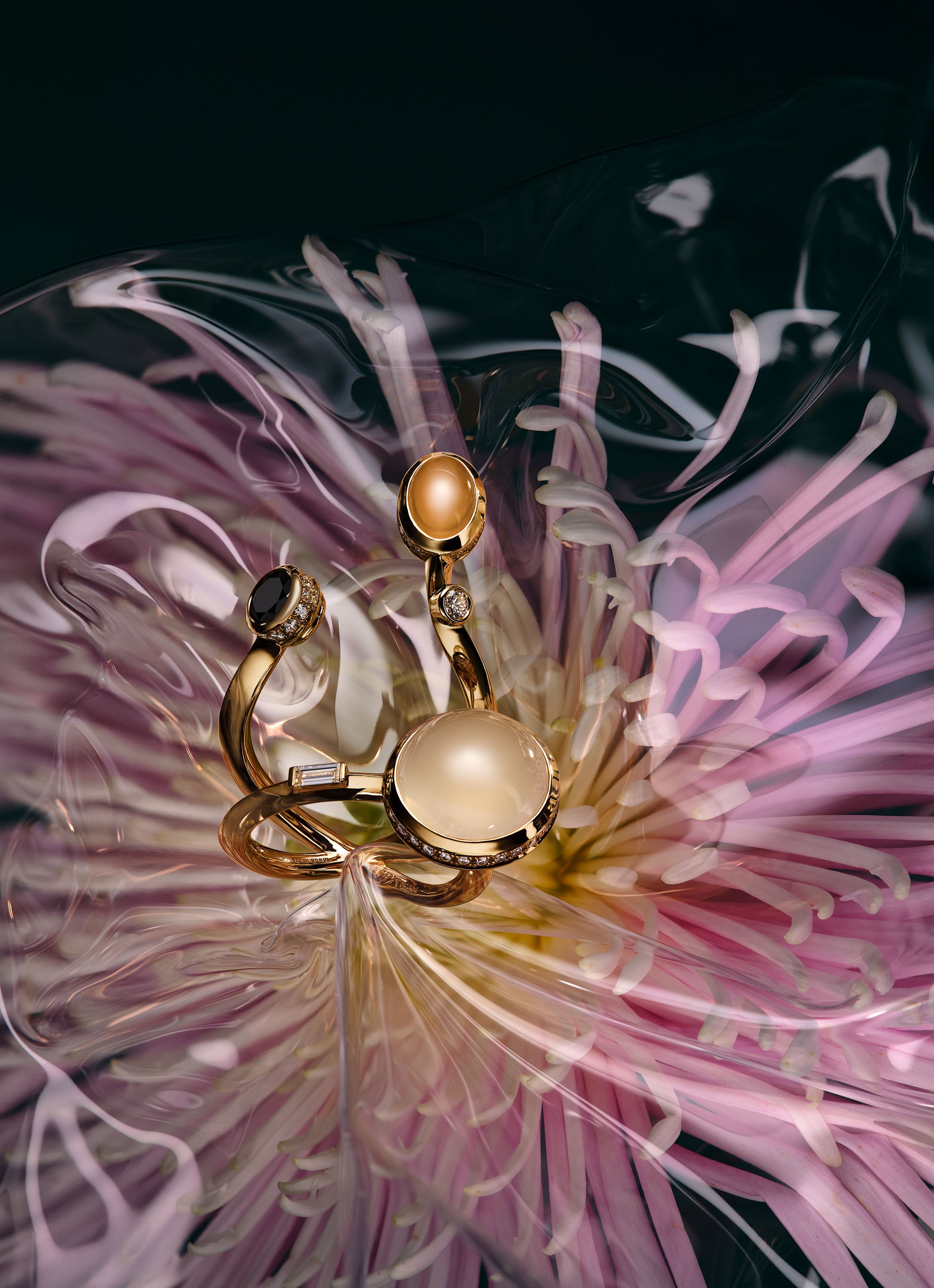 Gold ring with cabochon stones set among pink chrysanthemum petals