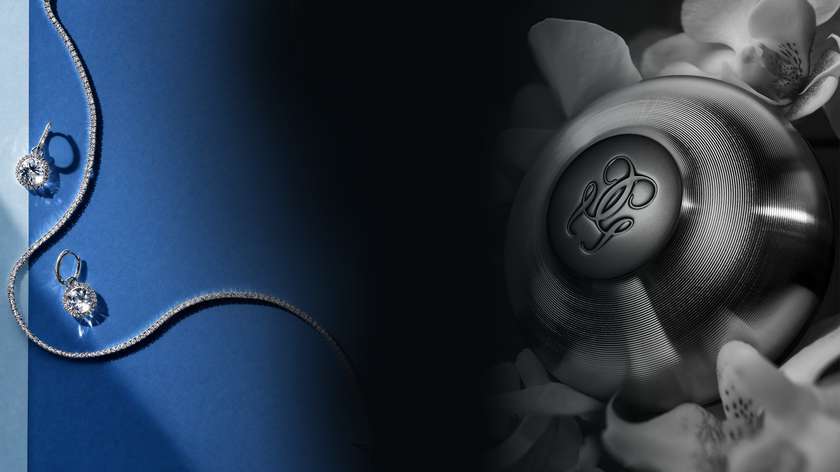 Blue diamond tennis set fading into a black and white Guerlain reference